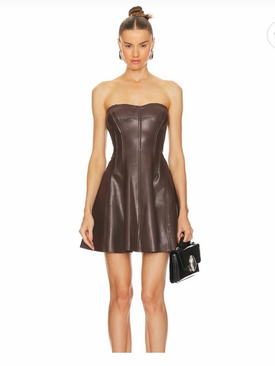 Norma Kamali Dresses & Skirts - Norma Kamali Brown Strapless Faux-Leather Fit-and-Flare Dress